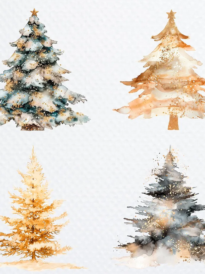 12 Golden Christmas Tree PNG Bundle, Christmas Card, Printable Watercolor clipart for sublimation, Digital download, Winter Paper craft