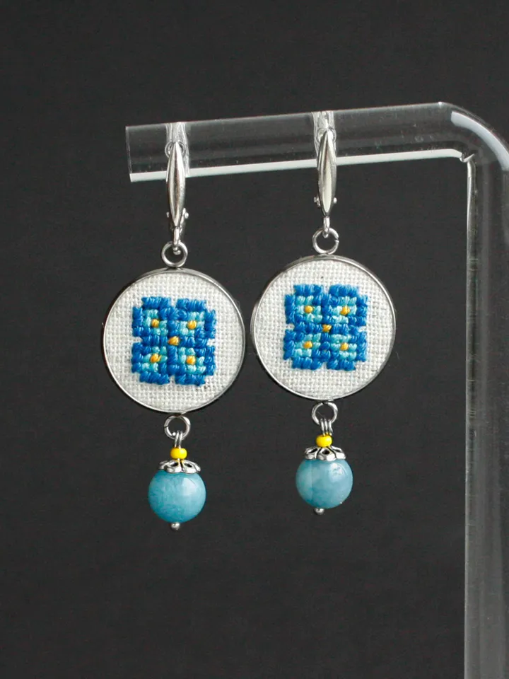 Turquoise blue yellow Ukrainian earrings with quartz beads Patriotic folk dangle earrings handmade Slavic jewelry
