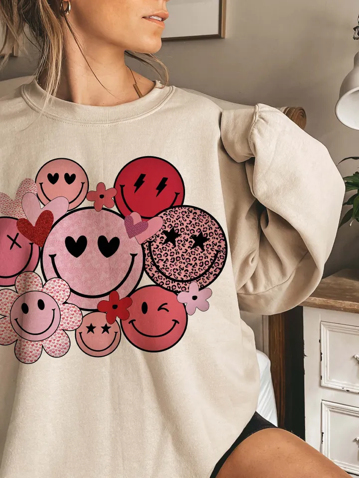 Valentines Smiley Faces PNG Sublimation Design | Valentines Day Love Smile Cowboy Hearts Roses Digital Download Tshirt Design