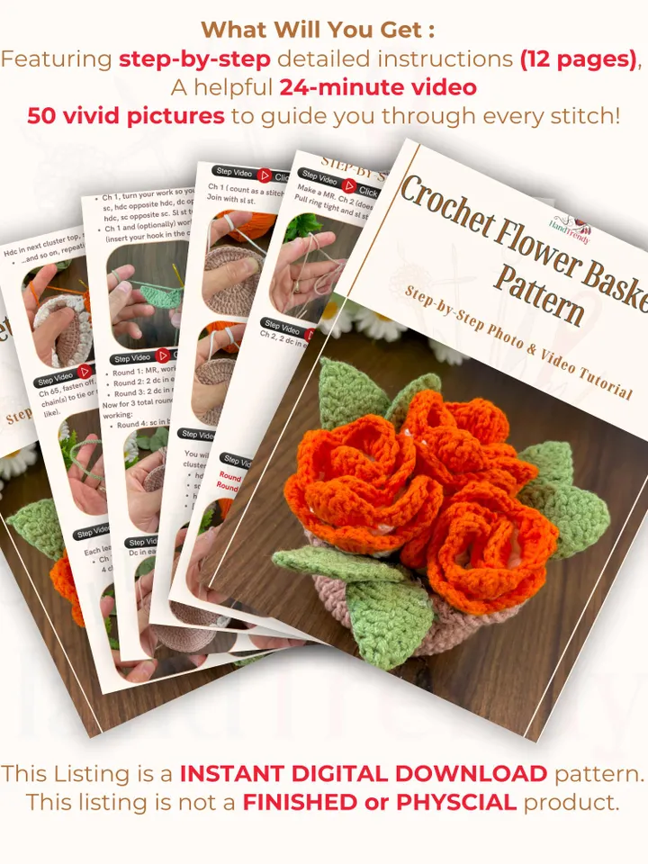 Crochet Flower Basket PDF Pattern, Amigurumi Floral Arrangement, DIY Crochet Home Decor, Handmade Rose Bouquet Tutorial