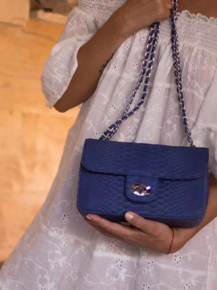 Blue Genuine Python Skin Crossbody Chain Bag | Bright Summer Bag | Elegant Women Bag | Chain Strap Crossbody Deep blue classy Purse