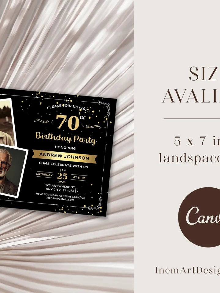 70th Birthday invitation with Photo | Adult Birthday Photo Invite | Mens birthday Black Gold landscape invitation card | Canva template
