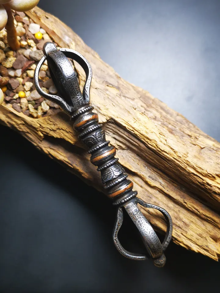 Gandhanra Vintage Five-pronged Vajra Dorje,Tibetan Tantric Buddhism (Vajrayana) Ritual,Altar Tool,Made of Cold Iron,Inlaid Copper
