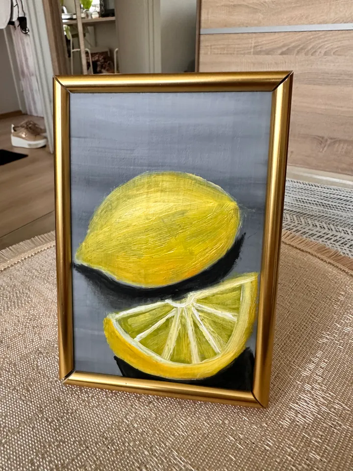 Oil Painting Lemons Still Life Fruits Citrus Fruits Food Nature Cardboard 15x10 cm 6x4 inches Wall Decor In a gold frame