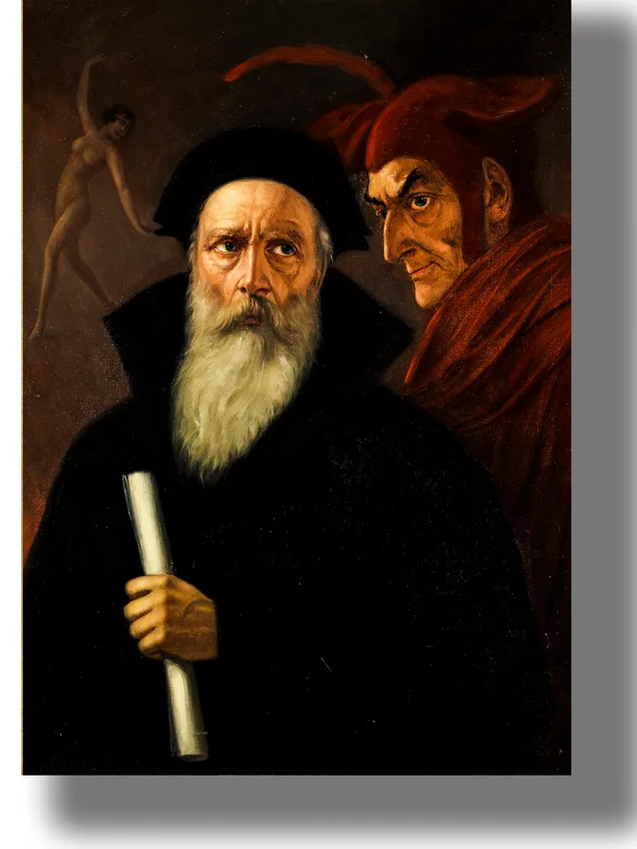 Faust und Mephisto. Color portrait in the style of the Middle Ages.