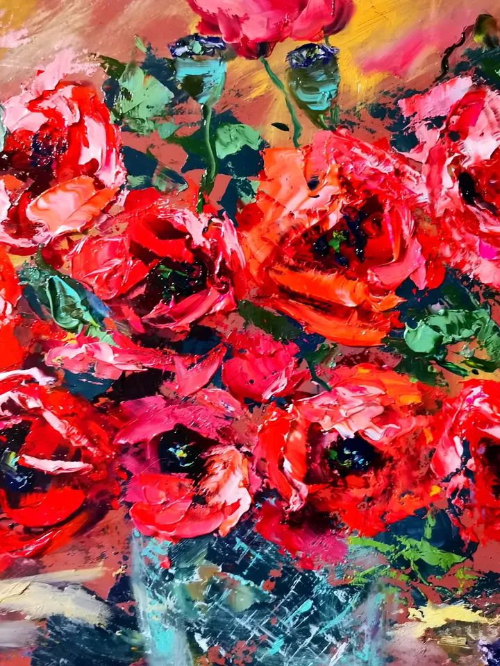 Poppy Oil Painting Flowers Impasto Glass Vase Candy Original Artist Svinar Oksana
