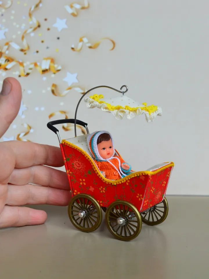 Miniature toy stroller for a little doll. Handmade miniature stroller for small dolls. Stroller for dolls 2,76"(7 cm.)
