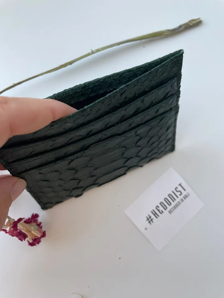 Genuine python skin creditcards holder | business cads holder dark green colour unisex wallet small | gift idea exotic python skin leather