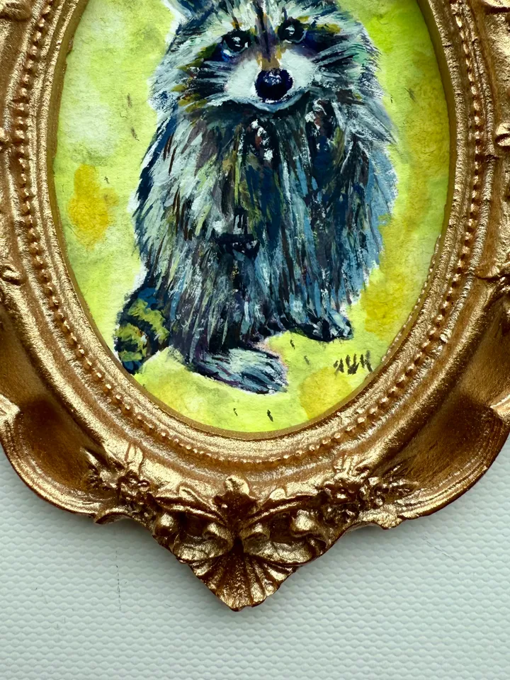 Raccoon Painting Original Small Framed Animals Gouache Painting Cute Wildlife Art Oval Frame