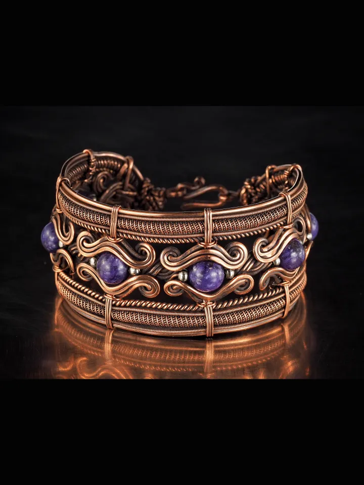Copper wire wrapped bracelet with charoite for lady Antique style WireWrapArt