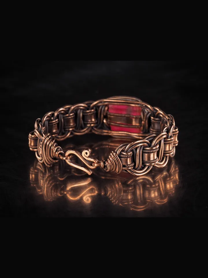 Copper wire wrapped agate bracelet Unique woven copper wire bangle Small size