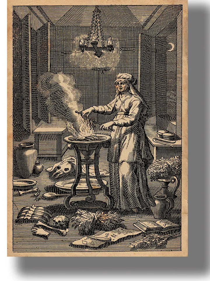 The witch casts a spell over the cauldron.