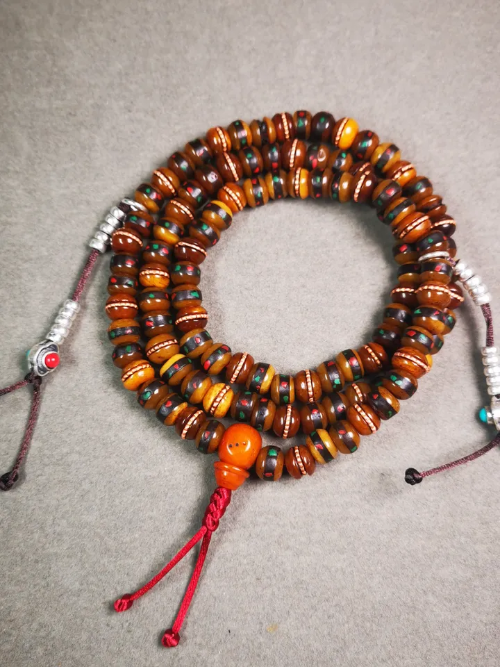 Gandhanra Handmade Antique Yak Bone Beads Mala,108 Prayer Beads Necklace with Bead Counters,for Meditation and Prayer