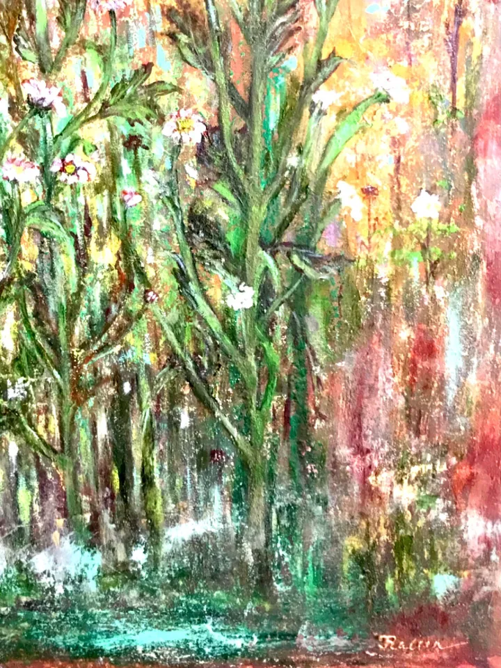 Chrysanthemums painting,Abstract chrysanthemums,fantasy forest of flowers,oil painting,mixed media background,stretched canvas