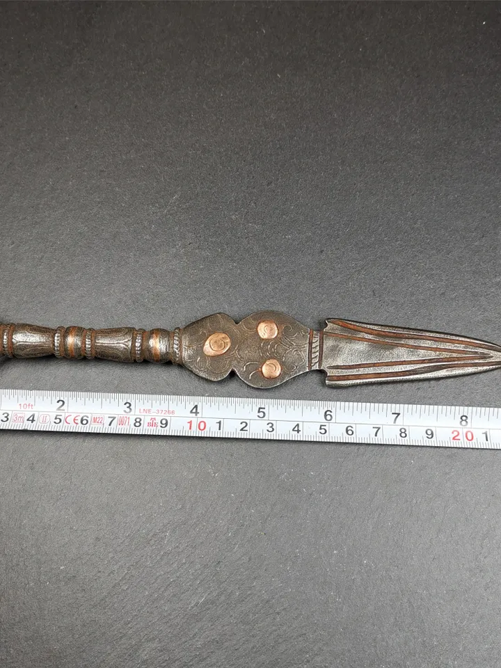 Gandhanra Tibetan Buddhism Ritual Implement Dorje Phurba(Kila Dagger),Dharma Ritual,Altar Tool,Made of Cold Iron inlaid Copper