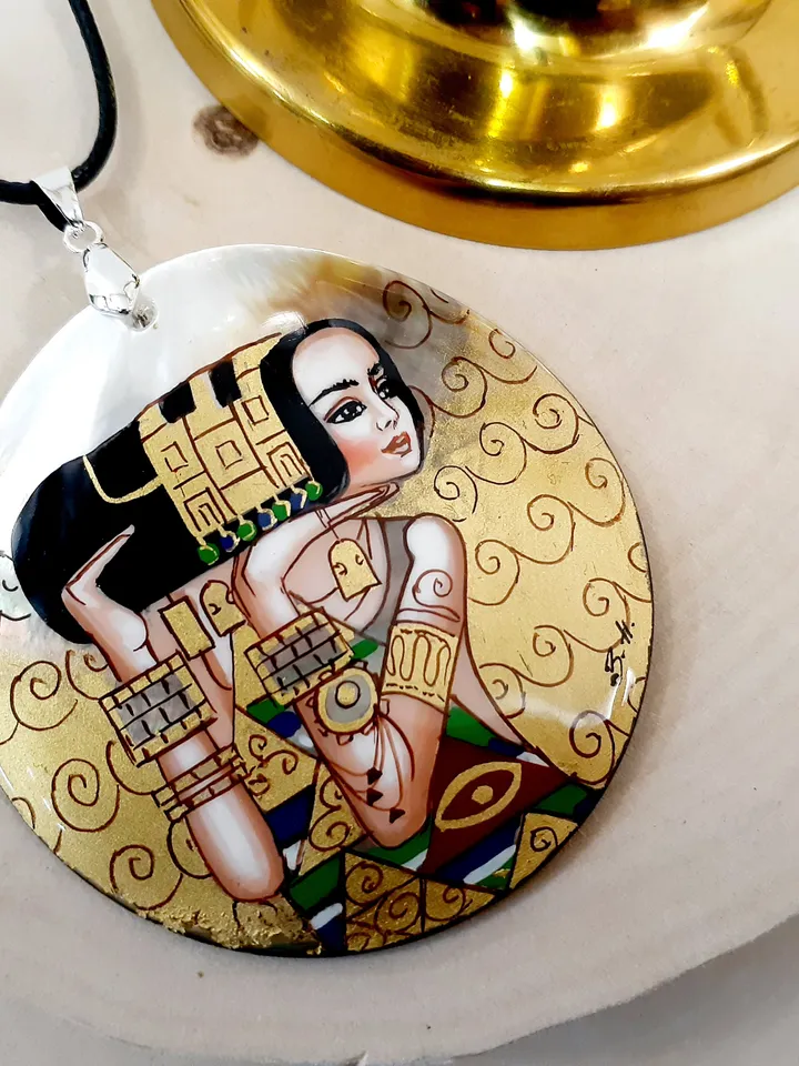 Klimt necklace "The Waiting" Gustav Klimt pendant Hand paint necklace pendant Hand painted miniature painting