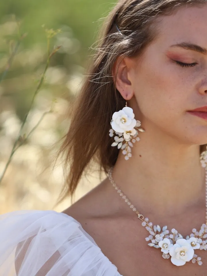 Boho Wedding Jewelry Set For Brides, Floral Bridal Earrings, Boho Wedding Earrings, Flower Wedding Earrings, Statement Wedding Jewelry Set