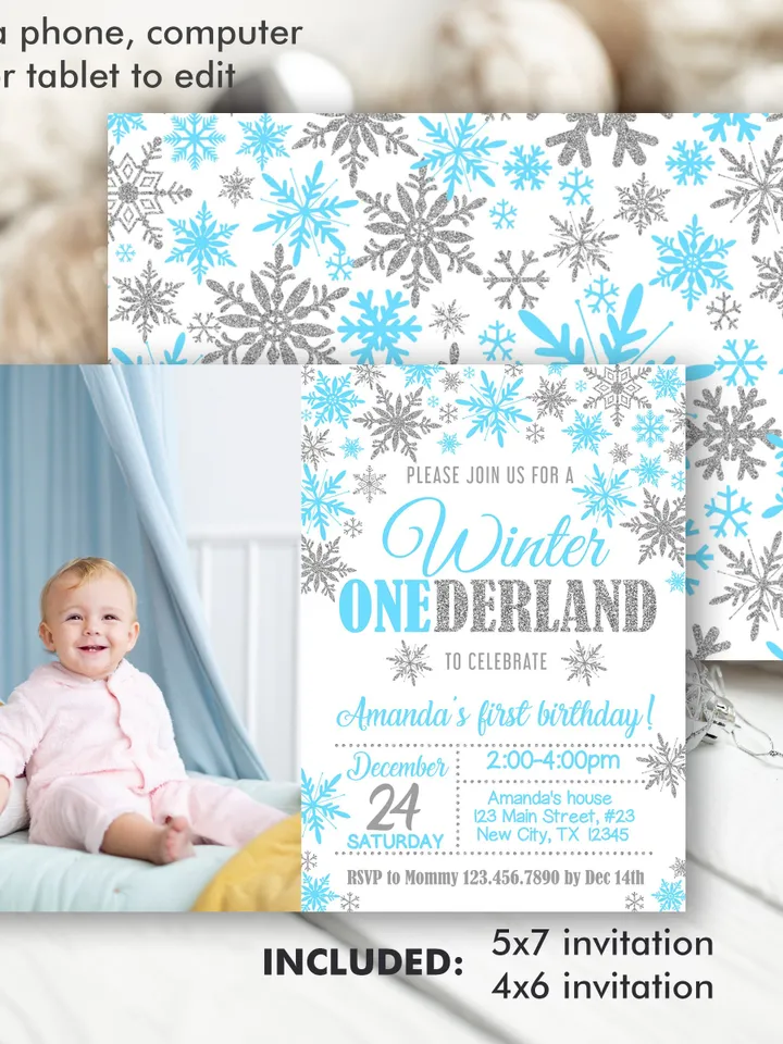 Winter Onederland Invitation Girl 1st Birthday Invitation, Winter Wonderland Birthday Invitation, First Birthday Snowflake Editable Template