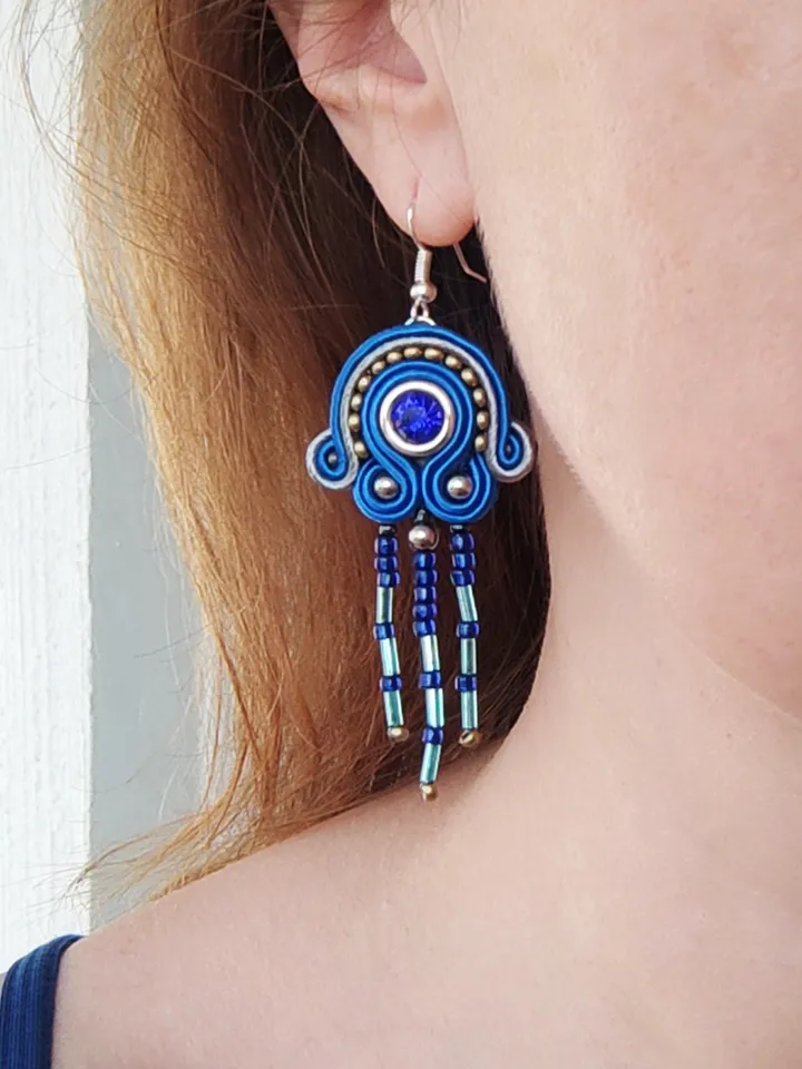 Blue earrings, Long beaded earrings, tassel earrings, embroidered soutache earrings Bohemian earrings