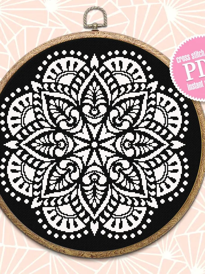 Mandala cross stitch pattern download PDF Flower mandala digital Beginner stitch Monochrome cross stitch Simple modern xstitch chart #M172