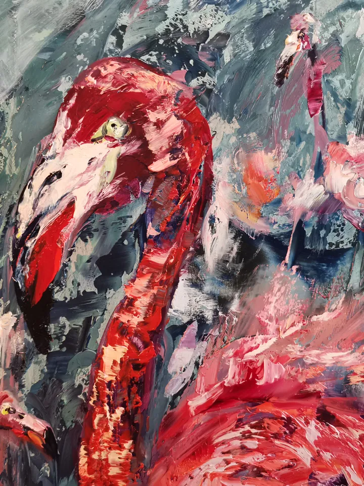 Flamingo Pink Birds Abstract Love Art Original Oil Painting Artist Svinar Oksana
