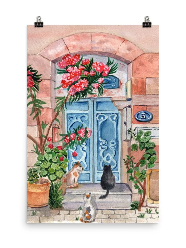 Cat Illustration Watercolor Painting Wall Art Print, Floral Illustration, Cat Home Gift, Gift For Plant Lover, Black Cat Art, Cat In Flower