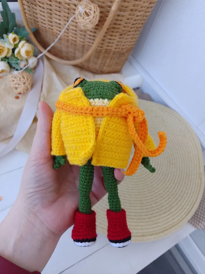 Soft personalized toy frog in clothes and boots. Original personalized gift.