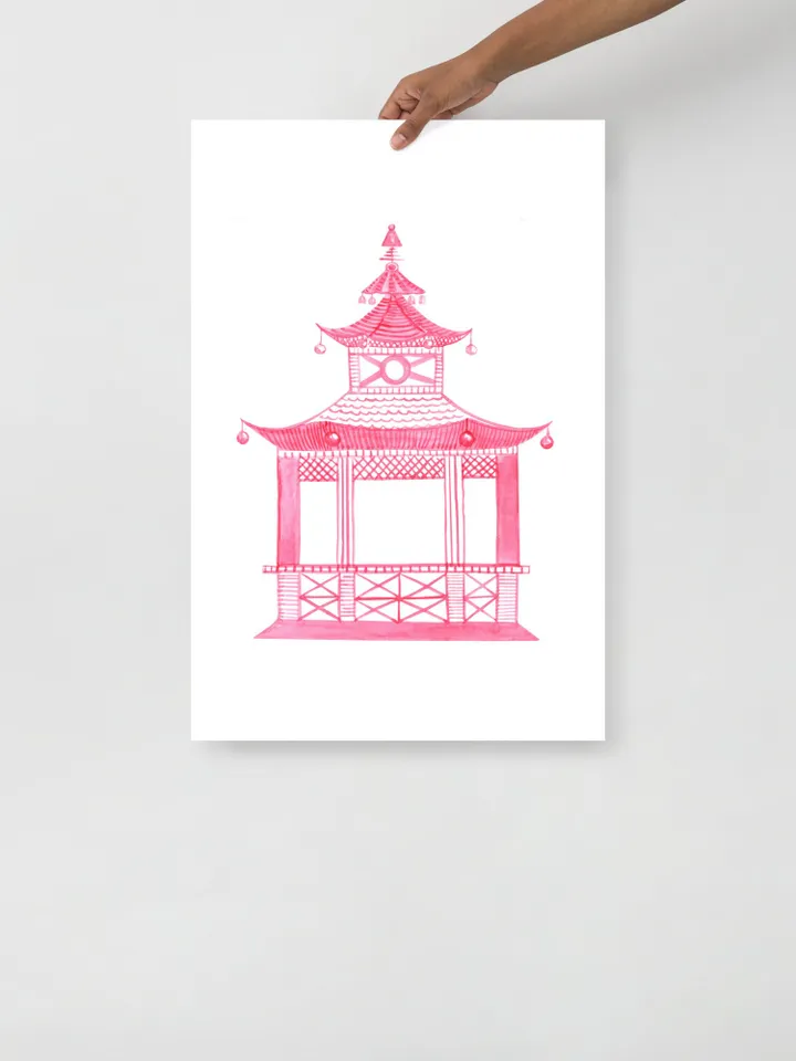 Pink Chinoiserie Set Of 3 Watercolor Painting Pagoda Foo Dogs Wall Art Chinoiserie Decor asian Hot Pink Wall Art Chinoiserie Chic Art Print