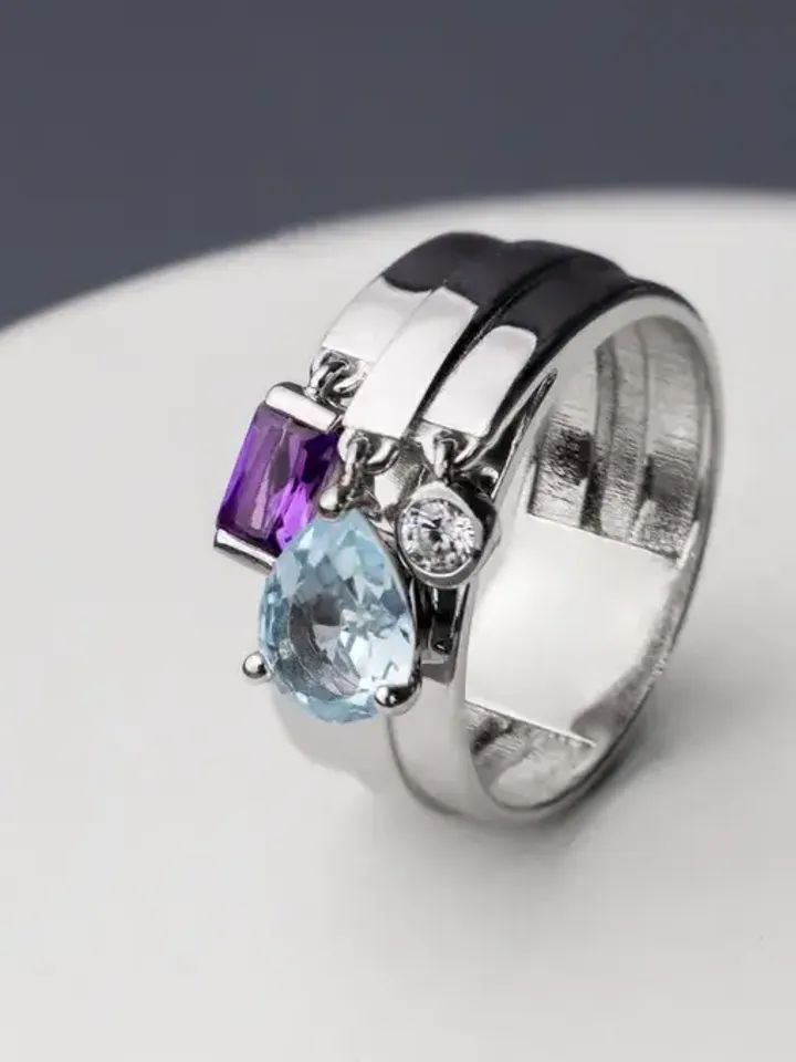 Ring with cubic zirconia, natural amethyst and topaz, 925 silver