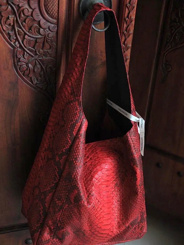 Big Soft Hobo Classy Sport Woman Bag | Purse Genuine Python Skin | Red Riva Elegant Leather Designer Soft Bag Snake | exotic leather purse