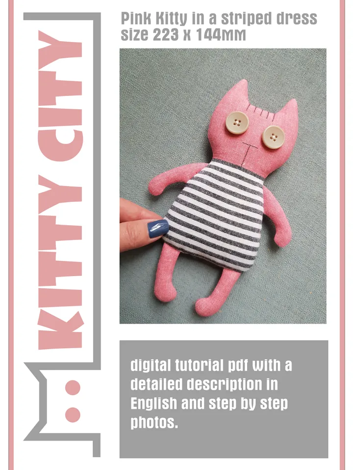 Cat doll sewing pattern PDF and digital tutorial in english, diy rag doll, stuffed animal pattern