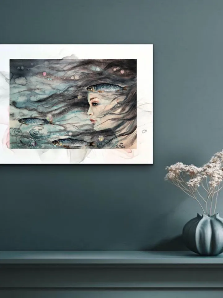 Mermaid Original Painting Woman Watercolor Artwork