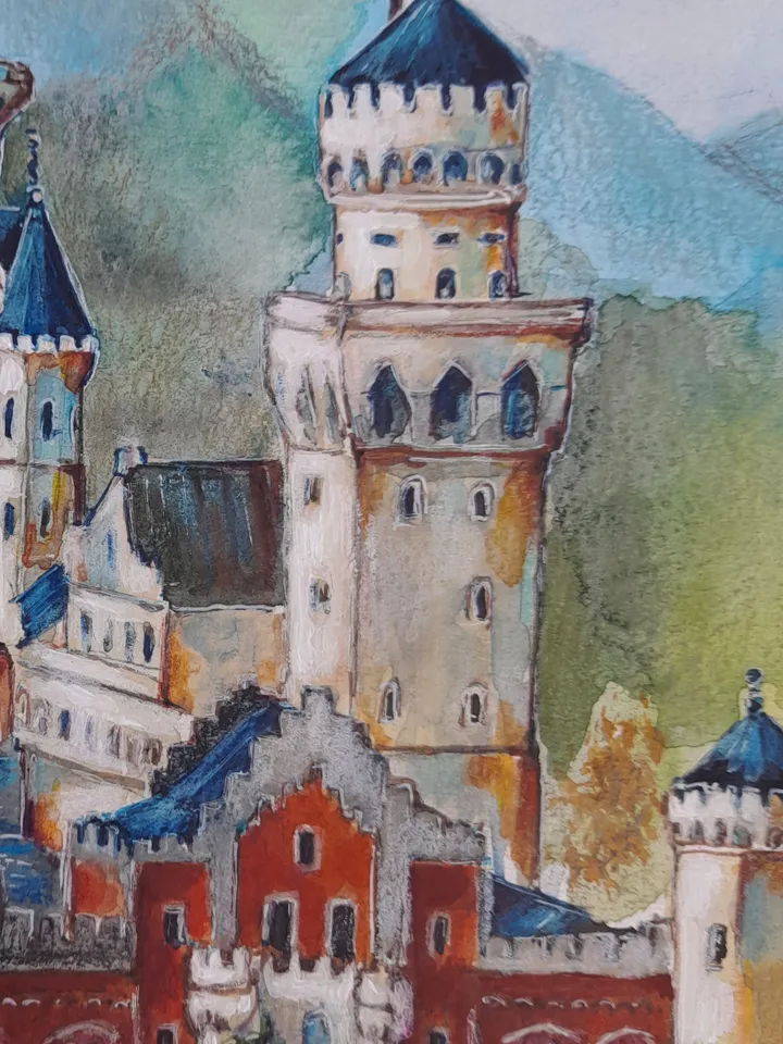 Watercolor painting Swan Castle. Bavaria 28x29,5 cm (11х11,6 inches)