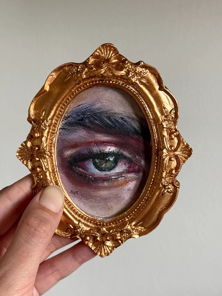 Original Framed Lover's Eye Antique Painting Illustration Vintage Style Small