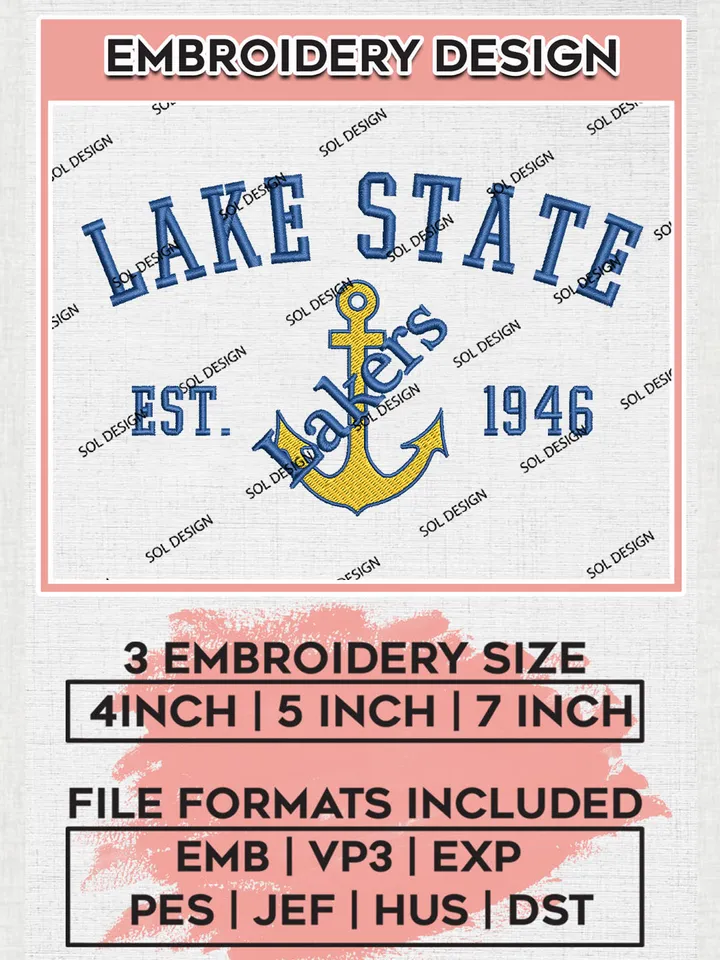 NCAA Lake Superior State Lakers Team Est 1946 Logo Embroidery Design Files, NCAA Lake Superior State Lakers Machine Embroidery, NCAA Teams, 3 sizes, NCAA Machine embroidery designs, Digital Download