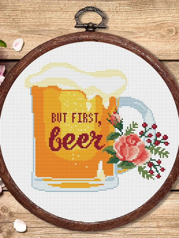 Set of 2 But First Beer Cross Stitch Pattern, Kitchen Cross Stitch, Embroidery Beer, But First Wine Pattern, Modern Cross Stitch #kt009