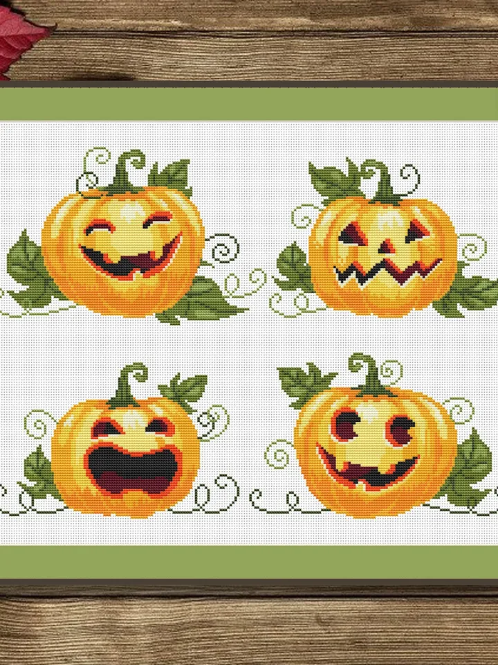 Set of 4 Pumpkins Cross Stitch Pattern, Halloween Cross Stitch Pattern, Pumpkin Cross Stitch Pattern, Halloweens Pumpkin #hld004
