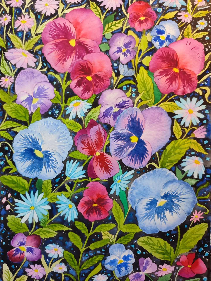 Author's watercolor painting "Pansies"