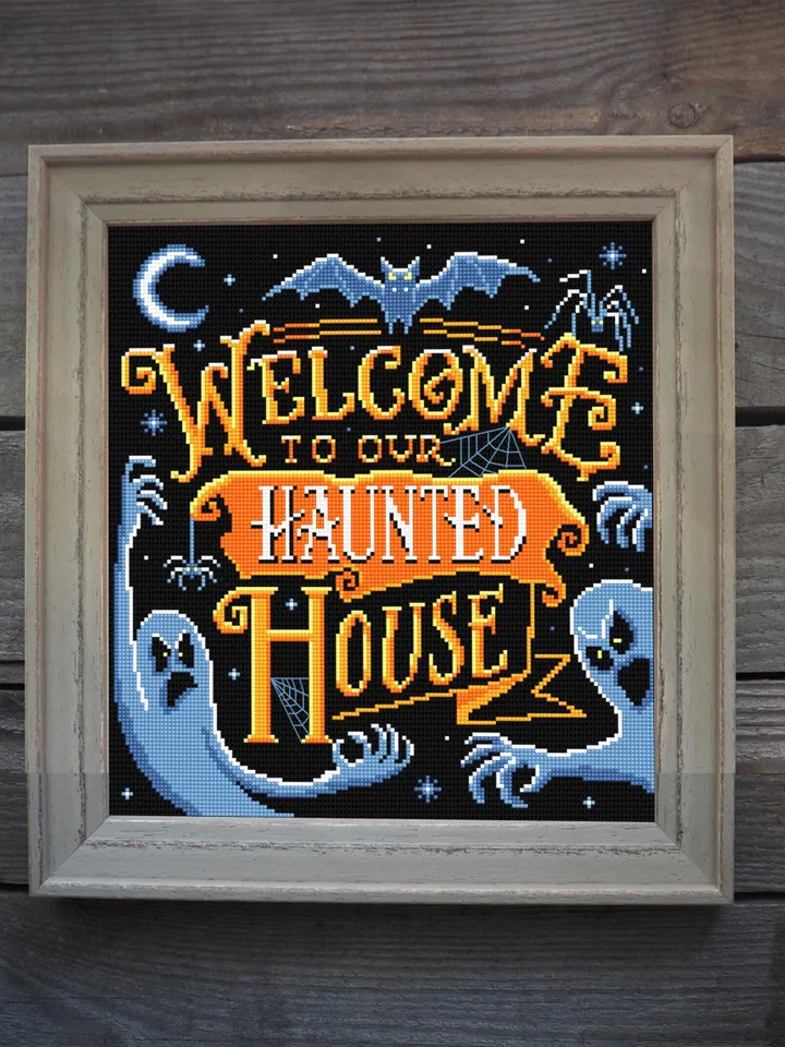 Halloween quotes cross stitch pattern download PDF Spooky ghost cross stitch chart Welcome to our haunted house, Halloween cross stitch #H81