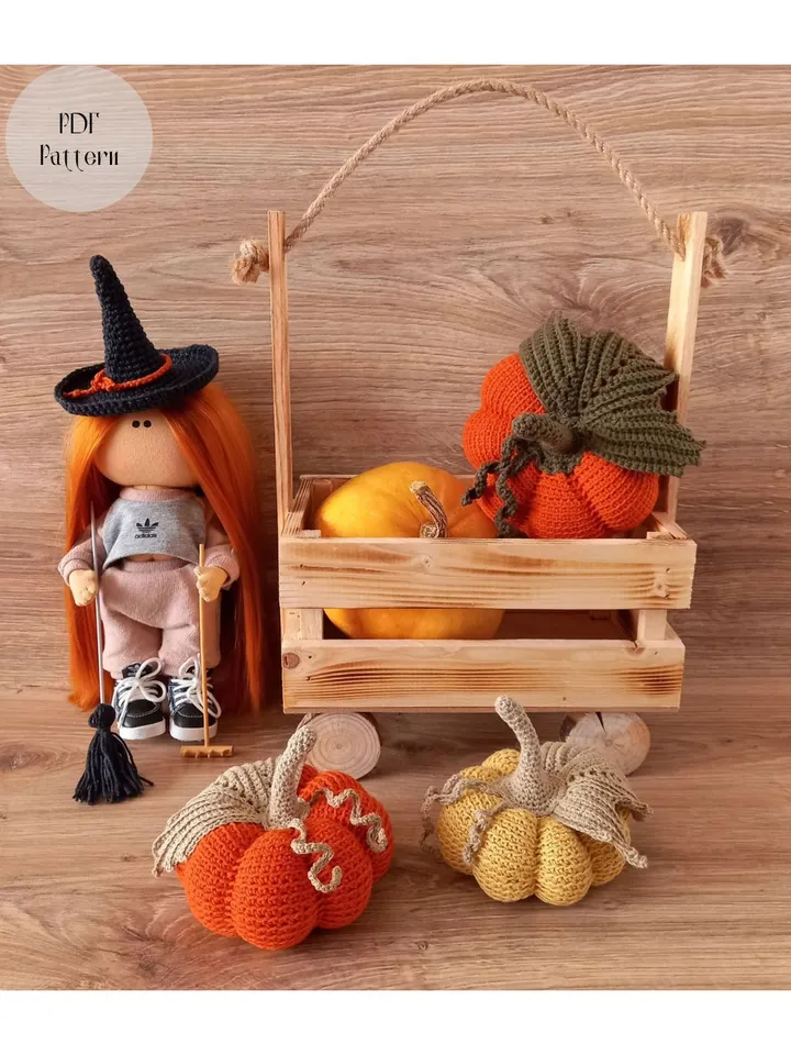 Pumpkin crochet pattern in 2 sizes, Witch Hat, Halloween gift, Thanksgiving pattern, Fall pumpkin decor, Crochet food