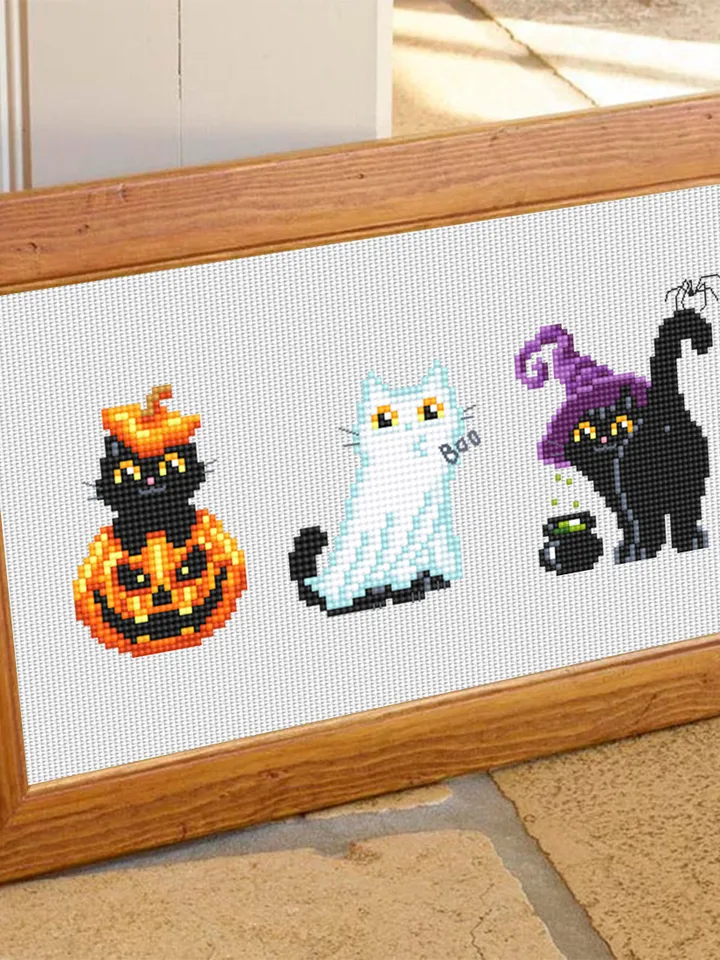 Set Halloween cats cross stitch pattern PDF download Cute black cat embroidery PDF, Ghost cat cross stitch chart, Funny home cat decor #H63
