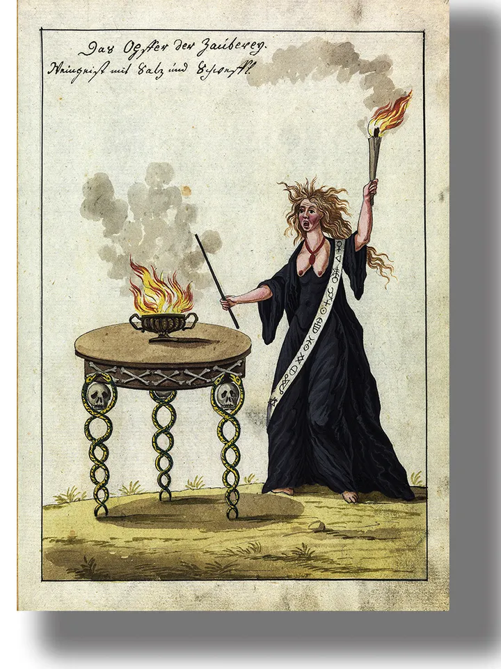 Witch is summoning a Demon. The magic ritual illustration.