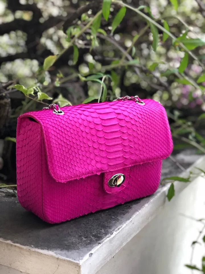Genuine python skin maxi crossbody bag fuchia colour big, summer big chain crossbody, elegant classy crossbody bag genuine leather summer