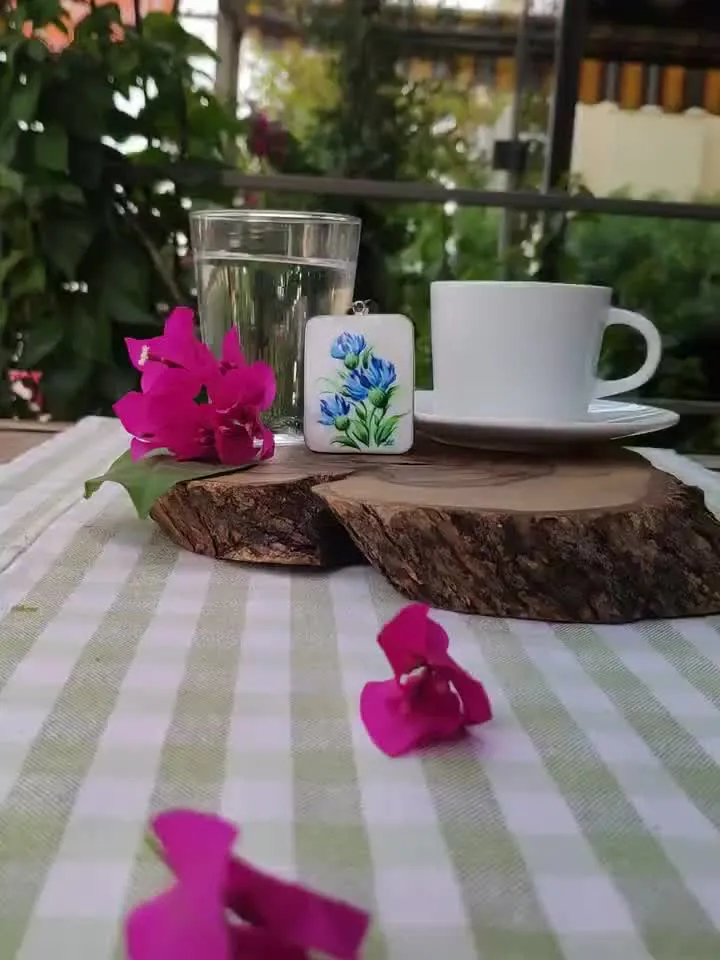 Pearl pendant necklace: Bright blue cornflowers on handmade lacquer necklace • trendy jewelry for blue summer dress • hand painted blossom