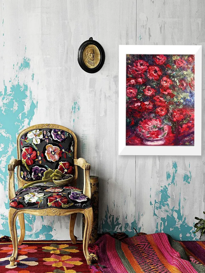 Red flowers in a vase,original oil heavy textured impasto painting on 3d canvas ,wall hanging,home decoration,gift.