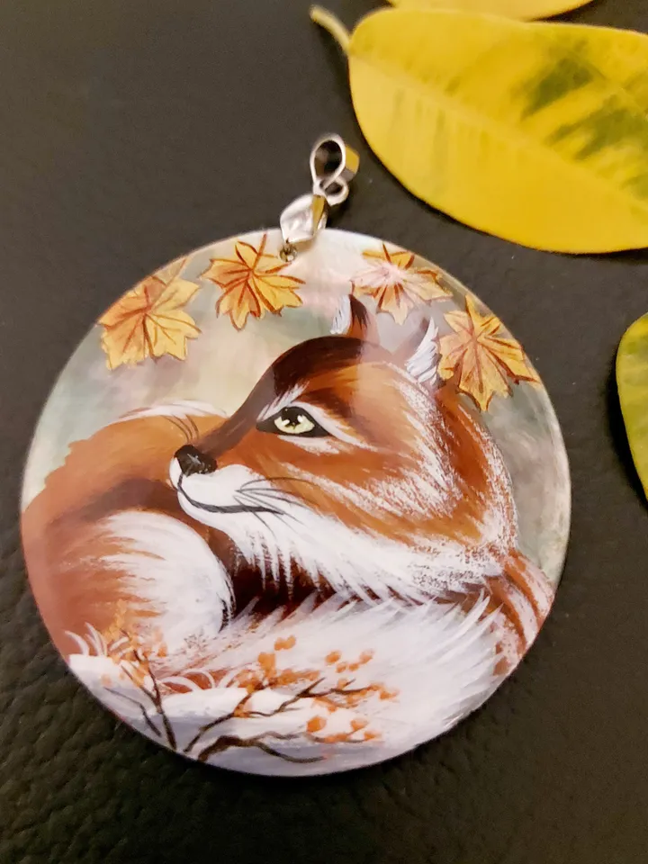 Beautiful Pendant Mother-of-pearl"Fox". miniature Hand-painte. Russian jewelry. Art gift.Wildlife gift. Fox lover gift. Forest jewelry.