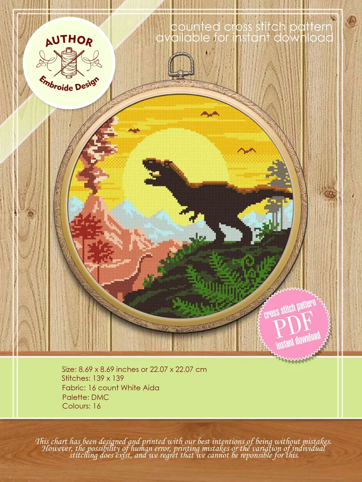 Dinosaur cross stitch pattern download PDF, Ancient animal cross stitch chart, Mountain landscape cross stitch, Nature beginner stitch #D6