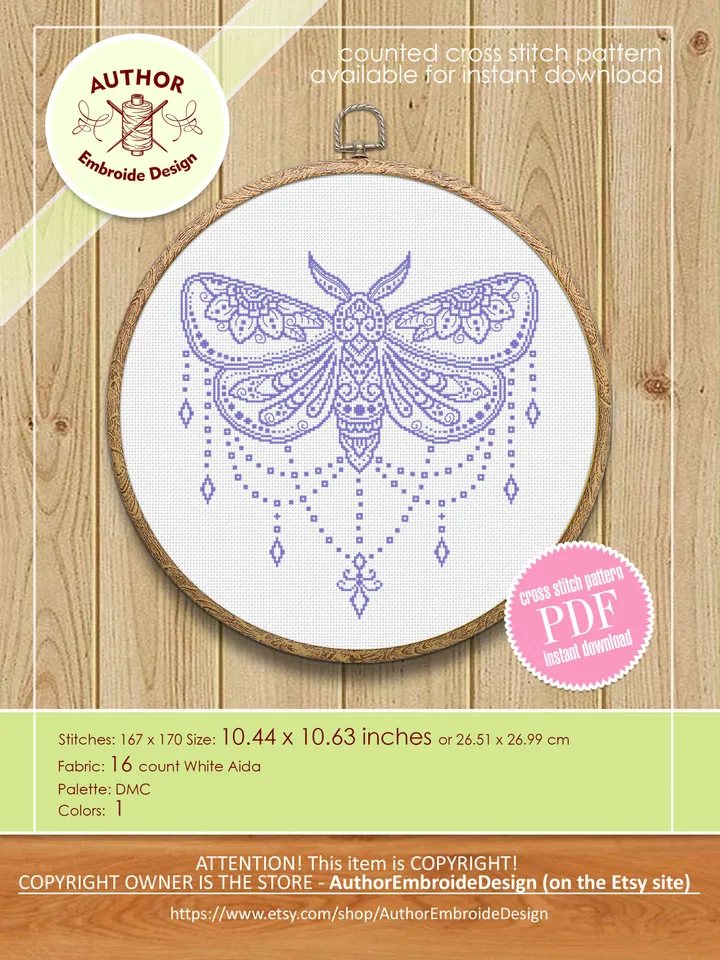 Mandala butterfly cross stitch pattern PDF download Moth cross stitch chart, Monochrome moth pattern, Flower mandala embroidery PDF #M225