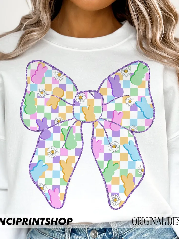 Checkerboard pastel easter bow png, Easter Coquette Bow png, Easter png, Easter Bunny png, Easter Shirt png, Spring png, Retro Easter png