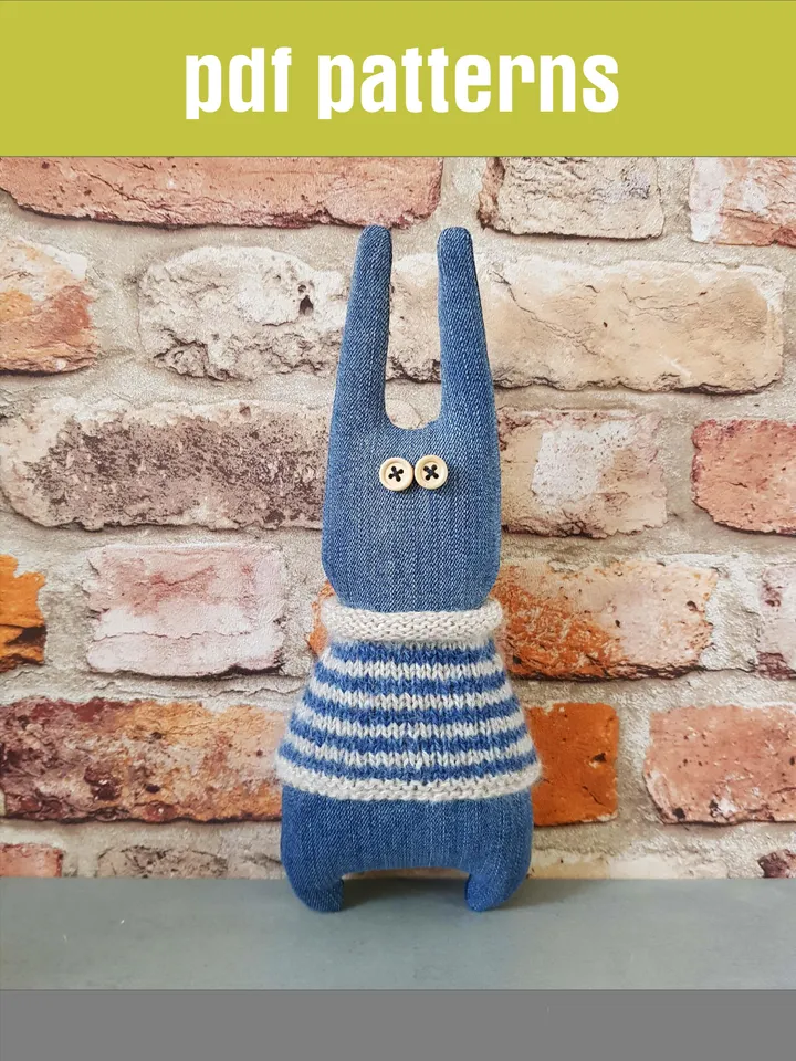 Rabbit sewing and knitted patterns PDF digital tutorial, denim Rabbit in striped sweater